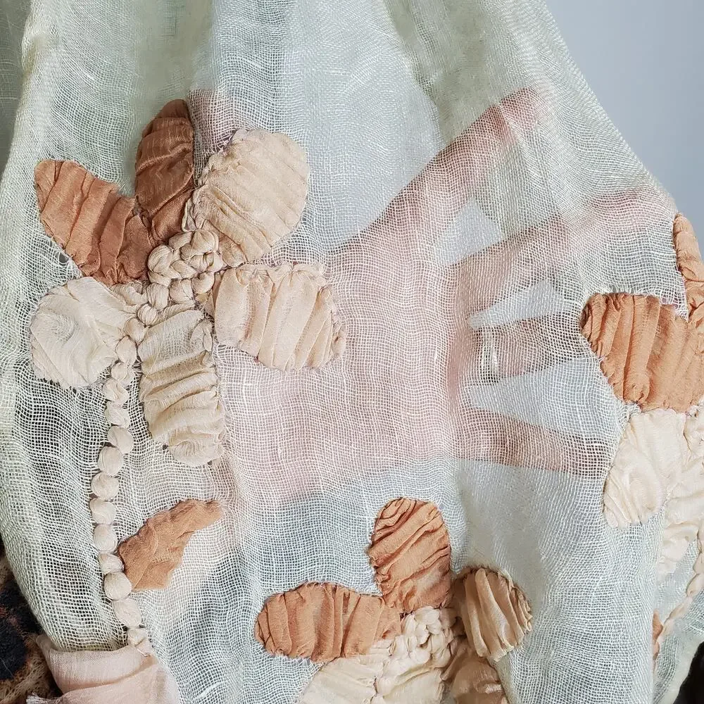 Unique Whimsical Linen Gauze Floral Applique Fringe Sheer Scarf Ethereal Earthy